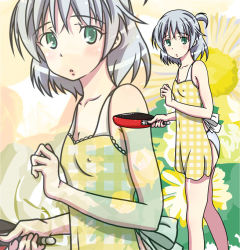 Rule 34 | 1girl, :o, apron, bapio, collarbone, female focus, flat chest, flower, frying pan, green eyes, naked apron, no bra, panties, plaid, sanya v. litvyak, short hair, side ponytail, silver hair, solo, strike witches, underwear, world witches series, zoom layer