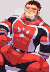 Rule 34 | 1boy, akashi (live a hero), baishen (shi rosaru675), bara, bodysuit, breath, bulge, cum, cum in clothes, cum through clothes, erection, erection under clothes, facial hair, feet out of frame, goatee, goggles, highres, large pectorals, live a hero, long sideburns, male focus, muscular, muscular male, pectorals, red bodysuit, red hair, scar, scar on face, scar on nose, short hair, sideburns, sitting, solo, spread legs, thick eyebrows, thick thighs, thighs
