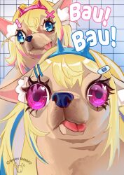 absurdres animal animal_focus animalization bandaid bandaid_hair_ornament blonde_hair blue_eyes blue_hairband chihuahua dog dopeybunni fuwawa_abyssgard hair_ornament hairband highres hololive hololive_english mococo_abyssgard pink_eyes pink_hairband spiked_hairband spikes tongue tongue_out virtual_youtuber x_hair_ornament