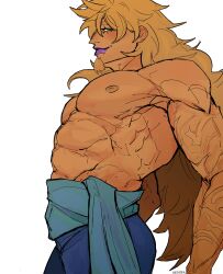 Rule 34 | 1boy, abs, absurdres, arched back, bara, blonde hair, cowboy shot, facial hair, from side, goatee, highres, killer (one piece), large pectorals, long hair, looking at viewer, male focus, muscular, muscular male, nipples, one piece, pectorals, profile, purple lips, seductive smile, sideways glance, smile, solo, standing, topless male, wesaier