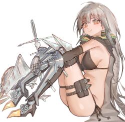 Rule 34 | 1girl, absurdres, arknights, armor, armored boots, bikini, boots, bright pupils, cape, fartooth (arknights), from side, full body, gauntlets, grey hair, highres, hugging own legs, kaguura (kagu), leg armor, legband, long hair, looking at viewer, planted, planted sword, planted weapon, side-tie bikini bottom, simple background, sitting, skindentation, smile, solo, swimsuit, sword, thigh boots, unworn headwear, weapon, white background, white pupils, yellow eyes