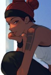 Rule 34 | 1girl, 2gou, apex legends, arm tattoo, black headband, black pants, bracelet, breasts, covered erect nipples, dark-skinned female, dark skin, double bun, from side, hair behind ear, hair bun, headband, highres, jewelry, lifeline (apex legends), looking at viewer, pants, parted lips, red hair, small breasts, smile, solo, tank top, tattoo, white tank top