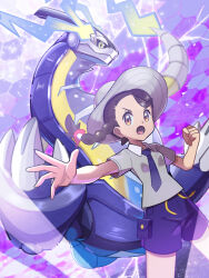 Rule 34 | 1girl, :o, braid, breast pocket, brown eyes, brown hair, clenched hand, collared shirt, commentary request, creatures (company), eyelashes, game freak, grey headwear, grey shirt, hat, highres, inana umi, juliana (pokemon), miraidon, necktie, nintendo, open mouth, pocket, pokemon, pokemon (creature), pokemon sv, purple necktie, purple shorts, shirt, short sleeves, shorts