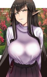 Rule 34 | 1girl, artist name, bad id, bad pixiv id, black hair, breasts, derivative work, fate/apocrypha, fate (series), flower, highres, john mangalile, large breasts, long hair, outdoors, pointy ears, scowl, semiramis (fate), skirt, solo, sweater, very long hair, white sweater, yellow eyes