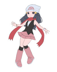 Rule 34 | 1girl, beanie, black hair, black shirt, black thighhighs, boots, bracelet, closed mouth, commentary, creatures (company), dawn (pokemon), eyelashes, full body, game freak, grey eyes, grey hat, hat, highres, home (homii0326), jewelry, korean commentary, long hair, miniskirt, nintendo, over-kneehighs, pink footwear, pink skirt, pleated skirt, pokemon, pokemon dppt, poketch, red scarf, scarf, shirt, simple background, skirt, sleeveless, sleeveless shirt, smile, solo, thighhighs, watch, white background, wristwatch