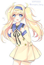 Rule 34 | 1girl, black ribbon, blonde hair, blue eyes, blue hairband, blush, cowboy shot, dated, dress, flying sweatdrops, gambier bay (kancolle), hair between eyes, hairband, highres, kantai collection, long hair, long sleeves, looking at viewer, open mouth, ougi hina, ribbon, simple background, solo, twintails, twitter username, white background, yellow dress