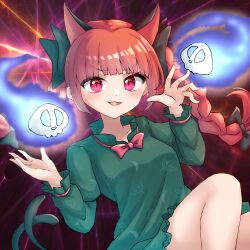 Rule 34 | 1girl, :d, animal ears, blunt bangs, blush, braid, breasts, cat ears, cat tail, collarbone, dark background, dress, extra ears, green dress, hair ribbon, hands up, highres, hitodama, kaenbyou rin, knees up, long hair, medium breasts, mochizuki hull, multiple tails, nekomata, open mouth, pink eyes, red hair, ribbon, simple background, slit pupils, smile, solo, tail, touhou, tress ribbon, twin braids, two tails, v-shaped eyebrows
