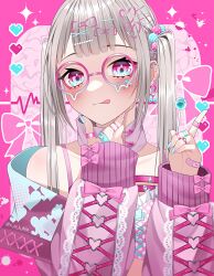 Rule 34 | 1girl, absurdres, barbell piercing, blush, bow, bow earrings, candy, cardiogram, crop top, detached collar, ear piercing, earrings, food, glasses, grey hair, hair ornament, hairclip, hand on own chin, heart, heart hair ornament, heart o-ring, high collar, highres, holding, holding candy, holding food, holding lollipop, index finger raised, industrial piercing, jewelry, lollipop, long hair, long sleeves, looking at viewer, multicolored nails, multiple piercings, nail polish, off shoulder, original, pearl hair ornament, piercing, pink background, pink eyes, pixel heart, polka dot, polka dot shirt, round eyewear, shirt, sleeve bow, sleeves past wrists, smile, solo, spaghetti strap, sticker on face, tongue, tongue out, twintails, upper body, wanko (yurika0320), x hair ornament