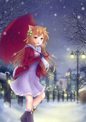 Rule 34 | 1girl, :d, animal ears, asakurashinji, boots, cat ears, christmas, clover, fence, fingerless gloves, four-leaf clover, gloves, hair ornament, highres, lamppost, lantern, light, long hair, looking at viewer, night, night sky, open mouth, original, outdoors, railing, scarf, sky, smile, snow, snowing, solo, umbrella
