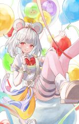Rule 34 | 1girl, absurdres, animal ears, balloon, blush, boots, bow, bowtie, closed mouth, fake animal ears, foot out of frame, granblue fantasy, hair ornament, hairband, hairclip, highres, holding, holding balloon, looking at viewer, medium hair, miniskirt, mouse (animal), official alternate costume, red bow, red bowtie, red hair, shiro wa (shiroshironix), shirt, short sleeves, sitting, skirt, smile, solo, vikala (granblue fantasy), white footwear, white hair, white shirt, wrist cuffs