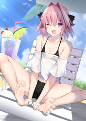Rule 34 | 1boy, absurdres, astolfo (fate), bare legs, bare shoulders, barefoot, beach, bikini, bow, butterfly sitting, commentary request, fang, fate/grand order, fate (series), feet, hair bow, happy, highres, kitajima yuuki, legs, looking at viewer, male focus, multicolored hair, off-shoulder shirt, off shoulder, one eye closed, open mouth, outdoors, pink hair, purple eyes, sand, shirt, sitting, skin fang, smile, soles, solo, spread toes, streaked hair, swimsuit, toe scrunch, toenails, toes, trap, white hair