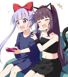 Rule 34 | 2girls, animal ears, black skirt, blue shirt, breasts, brown hair, cat, cat ears, cleavage, closed eyes, collarbone, commentary request, commission, controller, fake animal ears, feet out of frame, flat chest, game controller, haru (konomi 150), highres, holding, holding controller, holding game controller, long hair, multiple girls, navel, new game!, open mouth, pixiv commission, purple eyes, purple hair, shirt, short sleeves, simple background, sitting, skirt, small breasts, smile, suzukaze aoba, takimoto hifumi, twintails, white background