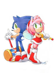 Rule 34 | 1boy, 1girl, amy rose, boots, dated, dress, finik, furry, furry female, furry male, gloves, hammer, highres, holding, holding hammer, holding weapon, red dress, shoes, signature, simple background, sonic (series), sonic advance 3, sonic the hedgehog, weapon, white background, white gloves