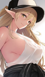 Rule 34 | 1girl, anza tomo, bad id, bad tumblr id, baseball cap, blonde hair, blush, breasts, closed mouth, clothes around waist, elf, gradient background, hair between eyes, hat, highres, jacket, jacket around waist, large breasts, lips, long hair, looking at viewer, one side up, original, pointy ears, see-through silhouette, sideboob, simple background, smile, solo, tied jacket, yellow eyes