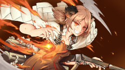 Rule 34 | 1girl, absurdres, arknights, blonde hair, cape, fire, flamethrower, highres, horns, ifrit (arknights), smile, solo, teeth, twintails, weapon, yoru+