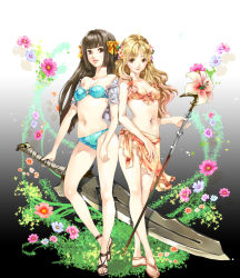 Rule 34 | 2girls, atelier (series), atelier ayesha, ayesha altugle, bikini, blonde hair, breasts, brown eyes, brown hair, chushengdao, female focus, flower, jewelry, lily (flower), linca (atelier), long hair, looking at viewer, midriff, multiple girls, navel, necklace, sandals, sarong, shoes, smile, staff, swimsuit, sword, weapon