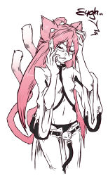 Rule 34 | 1girl, animal ears, black panties, blazblue, breasts, cat ears, cat tail, cellphone, closed eyes, cowboy shot, glasses, highres, kokonoe (blazblue), long hair, monochrome, multiple tails, navel, open fly, panties, phone, pince-nez, pink hair, ponytail, simple background, small breasts, smallq, solo, sparrow (jj2oxx), tail, two side up, underwear, unzipped