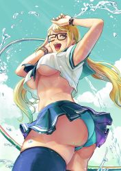 Rule 34 | 1girl, alternate hairstyle, armpits, arms up, ass, bespectacled, black-framed eyewear, blonde hair, blue eyes, blue panties, blue sky, blue thighhighs, bracelet, breasts, commentary request, commission, crop top, crop top overhang, from behind, from below, glasses, happy, hose, jewelry, long hair, low twintails, microskirt, midriff, no bra, official alternate costume, one eye closed, open mouth, panties, pantyshot, pleated skirt, rainbow mika, school uniform, serafuku, shirt, skeb commission, skirt, sky, smile, solo, street fighter, street fighter v, thick thighs, thighhighs, thighs, toko (tokkotoritori), twintails, twisted torso, underboob, underwear, watch, water, wet, wet clothes, wet shirt, wristwatch
