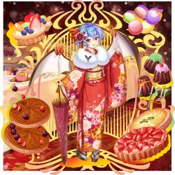 1girl alternate_costume bat_wings blue_hair floral_print food full_body fur_trim furisode game_cg hair_ornament hair_ribbon highres holding holding_umbrella indoors japanese_clothes kanzashi kimono looking_at_viewer macaron new_year obi obidome obijime official_art oil-paper_umbrella open_mouth red_eyes red_ribbon red_umbrella remilia_scarlet remilia_scarlet_(vampire_praying_for_good_health) ribbon rotte_(1109) sash short_hair solo standing tabi table third-party_source touhou touhou_lostword transparent_background umbrella wings