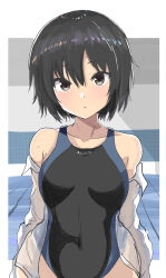 Rule 34 | 1girl, amagami, black hair, black one-piece swimsuit, bob cut, breasts, brown eyes, closed mouth, competition swimsuit, covered navel, highres, indoors, looking at viewer, medium breasts, nanasaki ai, one-piece swimsuit, open clothes, open shirt, shirt, short hair, solo, suberaku, swimsuit, wet, wet clothes, wet shirt