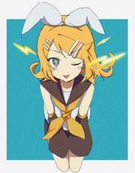Rule 34 | + +, 1girl, ;p, bare shoulders, blonde hair, blue eyes, bow, detached sleeves, electricity, hair bow, hair ornament, hairclip, kagamine rin, lightning bolt symbol, one eye closed, sailor collar, shirt, short hair, sketch, sleeveless, sleeveless shirt, solo, star-shaped pupils, star (symbol), symbol-shaped pupils, tongue, tongue out, vocaloid, zimoow