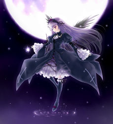 Rule 34 | 00s, bad id, bad pixiv id, boots, dress, frills, hairband, long hair, moon, nyoshino, purple eyes, ribbon, rozen maiden, silver hair, solo, suigintou, thigh boots, thighhighs, water, wings