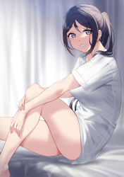 Rule 34 | :d, absurdres, bare legs, bed sheet, black hair, blush, breasts, curtains, feet out of frame, from side, grin, highres, indoors, knee up, long hair, looking at viewer, looking to the side, love live!, love live! sunshine!!, matsuura kanan, medium breasts, no pants, on bed, open mouth, parted bangs, ponytail, purple eyes, shirt, short sleeves, sitting, smile, solo, teeth, white shirt, yamaori (yamaorimon)