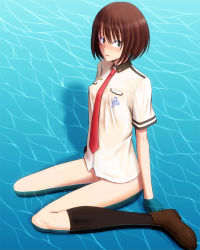 Rule 34 | 10s, 1girl, asagi akira (scared rider xechs), blush, bonnie (rsg), bottomless, brown hair, commentary, covered erect nipples, green eyes, kneehighs, looking to the side, necktie, no panties, partially undressed, scared rider xechs, short hair, sitting, socks, solo, uniform, wariza, water