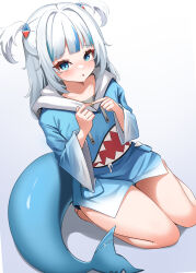 1girl absurdres biyo_yoo blue_eyes blue_hoodie blush fins fish_tail gawr_gura gawr_gura_(1st_costume) gradient_background grey_hair hair_ornament highres hololive hololive_english hood hoodie long_hair long_sleeves multicolored_hair seiza shark_girl shark_hair_ornament shark_print shark_tail sitting solo streaked_hair tail two_side_up virtual_youtuber