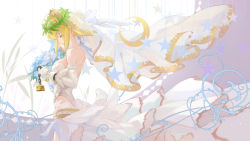 Rule 34 | 1girl, ahoge, bare shoulders, belt, blonde hair, breasts, bzerox, closed eyes, closed mouth, crescent moon symbol, dress, elbow gloves, fate (series), from side, gloves, highres, large breasts, laurel crown, leotard, lock, nero claudius (bride) (fate), nero claudius (bride) (third ascension) (fate), nero claudius (fate), nero claudius (fate) (all), solo, standing, star (symbol), white dress, white gloves, white leotard