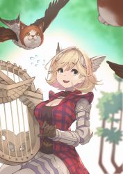 Rule 34 | 1girl, bird, black eyes, black shirt, blonde hair, blouse, blurry, blurry background, breasts, cat, cleavage, commentary, depth of field, flying sweatdrops, fusion, harada isuka, harp, highres, holding, holding instrument, instrument, jacket, looking at viewer, mechanical arms, mechanical legs, medium breasts, open mouth, original, red jacket, shirt, short hair, single mechanical arm, sitting, smile, solo, wavy mouth, wing hair ornament