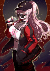 Rule 34 | 1girl, baseball cap, black jacket, breasts, capitan wei, choker, cleavage, fishnets, grey background, hand in pocket, hat, highres, hololive, hololive english, jacket, jewelry, long hair, looking at viewer, looking over eyewear, looking over glasses, microphone, mori calliope, mori calliope (streetwear), multicolored clothes, multicolored jacket, nail polish, navel, necklace, official alternate costume, pink eyes, pink hair, ponytail, red background, skull, solo, sunglasses, tagme, tinted eyewear, two-tone jacket, virtual youtuber
