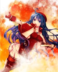 Rule 34 | 1girl, blue eyes, blue hair, boots, breasts, capelet, dutch angle, fire emblem, fire emblem: the binding blade, floating hair, hair between eyes, hat, holding, kero sweet, lilina (fire emblem), long hair, magic, medium breasts, miniskirt, nintendo, open mouth, outstretched arm, pantyhose, pleated skirt, red capelet, red footwear, red hat, red thighhighs, skirt, solo, standing, thigh boots, thighhighs, very long hair, white skirt