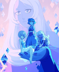 Rule 34 | 4girls, artist name, bare shoulders, blue diamond (steven universe), blue dress, blue eyes, blue hair, blue pearl (steven universe), blue skin, blue theme, breasts, chest jewel, cleavage, colored skin, dav-19, diamond-shaped pupils, diamond (shape), dress, flat chest, gem, giant, giantess, gloves, hair over eyes, hair over face, lapis lazuli (steven universe), long hair, looking at viewer, multiple girls, puffy short sleeves, puffy sleeves, ribbon, sapphire (steven universe), see-through, see-through skirt, short hair, short sleeves, silver hair, sitting, skirt, sleeveless, sleeveless dress, small breasts, spoilers, steven universe, symbol-shaped pupils, watermark, web address, white gloves
