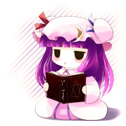 Rule 34 | 0 0, 1girl, :&lt;, black eyes, book, chibi, crescent, female focus, hat, highres, jitome, long hair, o o, open book, open mouth, patchouli knowledge, purple hair, ribbon, solo, touhou, yume shokunin