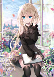 Rule 34 | 1girl, ahoge, asymmetrical hair, bare shoulders, black shirt, black skirt, black thighhighs, blonde hair, blue eyes, book, cityscape, closed mouth, collared shirt, commentary request, curtains, day, flower, hair between eyes, indoors, long hair, off-shoulder shirt, off shoulder, open book, open window, original, petals, pink flower, red flower, shirt, sitting, sitting in window, skirt, sleeveless, sleeveless shirt, solo, thighhighs, tia-chan, transparent, uchuuneko, very long hair, white flower, window