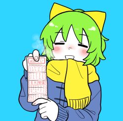 Rule 34 | 1girl, = =, blue background, blue coat, blush, bow, bseibutsu, closed eyes, coat, cold, colored skin, commentary request, cookie (touhou), daiyousei, diyusi (cookie), green hair, hair bow, holding, medium bangs, open mouth, ponytail, scarf, short hair, simple background, smile, solo, translation request, upper body, white skin, yellow bow, yellow scarf