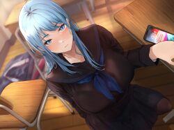 Rule 34 | 1girl, akito (d30n26), bag, black serafuku, blue eyes, blue hair, blurry, blurry background, blush, breasts, cellphone, chair, classroom, desk, from above, highres, indoors, large breasts, long hair, looking at viewer, neckerchief, on chair, on desk, original, phone, pleated skirt, sailor collar, school, school bag, school chair, school desk, school uniform, serafuku, shirt, skirt, smartphone, solo, wooden floor