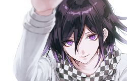 Rule 34 | 1boy, black hair, blurry, blurry foreground, checkered clothes, checkered scarf, closed mouth, collarbone, commentary request, danganronpa (series), danganronpa v3: killing harmony, depth of field, eyebrows, hair between eyes, highres, jacket, long sleeves, looking at viewer, male focus, oma kokichi, portrait, purple eyes, purple hair, sakuyu, scarf, simple background, smile, solo, straitjacket, upper body, white background, white jacket