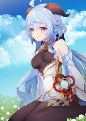 Rule 34 | 1girl, ahoge, bare shoulders, bell, black pantyhose, blue hair, blue sky, blush, bow, breasts, chinese knot, cloud, cloudy sky, commentary, detached sleeves, english commentary, field, flower, flower field, flower knot, ganyu (genshin impact), genshin impact, gold trim, horns, light smile, long hair, looking at viewer, low ponytail, medium breasts, neck bell, outdoors, pantyhose, purple eyes, sen1986, sidelocks, sitting, sky, solo, tassel, thighlet, thighs, vision (genshin impact), wariza, white flower, white sleeves