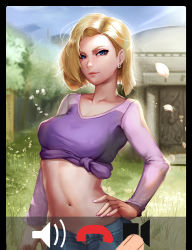 Rule 34 | 1girl, android 18, arm at side, blonde hair, blue eyes, breasts, building, cellphone, closed mouth, collarbone, contrapposto, cowboy shot, day, denim, dragon ball, earrings, fake phone screenshot, fake screenshot, fingernails, hand on own hip, jeans, jewelry, light rays, lips, long sleeves, looking at viewer, mayrel, medium breasts, midriff, nail polish, navel, open fly, outdoors, pants, petals, phone, pink nails, purple shirt, shirt, short hair, smartphone, smile, solo focus, standing, stomach, sunbeam, sunlight, tied shirt, tree, unbuttoned