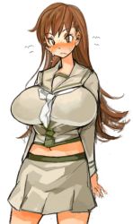 Rule 34 | 10s, 1girl, arms behind back, blush, breasts, brown eyes, brown hair, huge breasts, kantai collection, long hair, long sleeves, navel, ooi (kancolle), sachito, school uniform, serafuku, simple background, skirt, solo, sweat, wavy mouth, white background