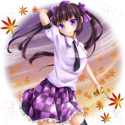 Rule 34 | 1girl, :o, arm behind head, black thighhighs, brown hair, cellphone, cellphone charm, charm (object), checkered clothes, checkered skirt, contrapposto, gradient background, hair ribbon, hat, himekaidou hatate, leaf, looking at viewer, maple leaf, necktie, phone, purple eyes, ribbon, short hair, short sleeves, skirt, solo, standing, thighhighs, tokin hat, touhou, twilight, twintails, yunagi (arukumaruta)