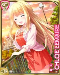 Rule 34 | 1girl, :d, blonde hair, blue eyes, bow, card, character name, chloe lemaire, dress, closed eyes, girlfriend (kari), jacket, laughing, long hair, official art, open mouth, outdoors, pink jacket, qp:flapper, red dress, smile, solo, standing, sunset, tagme