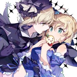 2girls, ahoge, alternate costume, apple, artoria pendragon (all), bangs, bare shoulders, black bow, blue dress, blue ribbon, blue sleeves, bow, braid, covered mouth, dress, earrings, fate/grand order, fate (series), food, frilled sleeves, frills, fruit, gloves, green eyes, grey background, hands up, hat, holding, holding another, holding food, holding fruit, jacket, jewelry, kamiowl, looking at another, multiple girls, open mouth, purple gloves, purple headwear, ribbon, saber, saber alter, simple background, smile, striped, striped bow, striped dress, thighhighs, tilted headwear, top hat, wide sleeves, yellow eyes