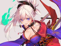 Rule 34 | 1girl, adapted costume, breasts, cleavage, fate/grand order, fate (series), grey background, hair ornament, large breasts, long sleeves, magatama, miyamoto musashi (fate), miyamoto musashi (third ascension) (fate), open mouth, pink hair, purple eyes, simple background, solo, sword, tousaki umiko, weapon