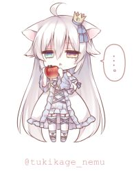 Rule 34 | ..., 1girl, ahoge, animal ears, apple, cat ears, chibi, crown, food, frills, fruit, full body, heterochromia, hime lolita, holding, jitome, lolita fashion, long hair, looking at viewer, mini crown, mole, mole under eye, original, silver hair, simple background, solo, triangle mouth, tsukikage nemu, very long hair, white background