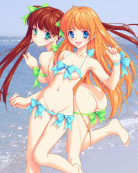 Rule 34 | 2girls, :d, ahoge, ass, bare legs, bare shoulders, barefoot, beach, blue eyes, blush, breasts, brown hair, cleft of venus, collarbone, day, feet, female focus, green eyes, groin, hair ornament, hair ribbon, holding hands, kneepits, leg up, legs, medium breasts, miyama amehiko, multiple girls, naked ribbon, navel, nipple slip, nipples, nude, ocean, open mouth, orange hair, original, outdoors, pussy, ribbon, small breasts, smile, soles, standing, toes, twintails, uncensored, water