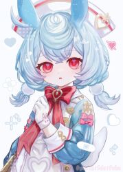 Rule 34 | 1girl, :o, animal ears, apron, aqua shirt, arrow through heart, artist name, bandaid, blush, bow, bowtie, brooch, commentary request, crossed bangs, eyelashes, genshin impact, gloves, gradient hair, hair between eyes, hair ornament, hand up, hat, heart, heart in eye, highres, jewelry, long sleeves, looking at viewer, low twintails, medium hair, multicolored hair, nurse cap, open mouth, pink bow, pom pom (clothes), pom pom hair ornament, puffy long sleeves, puffy sleeves, red bow, red bowtie, red eyes, shirt, short twintails, sidelocks, sigewinne (genshin impact), simple background, sleeve cuffs, solo, symbol in eye, tail, twintails, twitter username, upper body, white apron, white background, white gloves, white hat, yukimi5daifuku