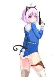 Rule 34 | 1990s (style), 1girl, absurdres, agent aika, aika (series), animal ears, artist request, black background, blue delmo, blue hair, breasts, cat ears, delmo, dress, gun, highres, legs, medium breasts, panties, pantyshot, short dress, short hair, simple background, skin tight, skirt, thigh strap, thighs, underwear, weapon, white panties